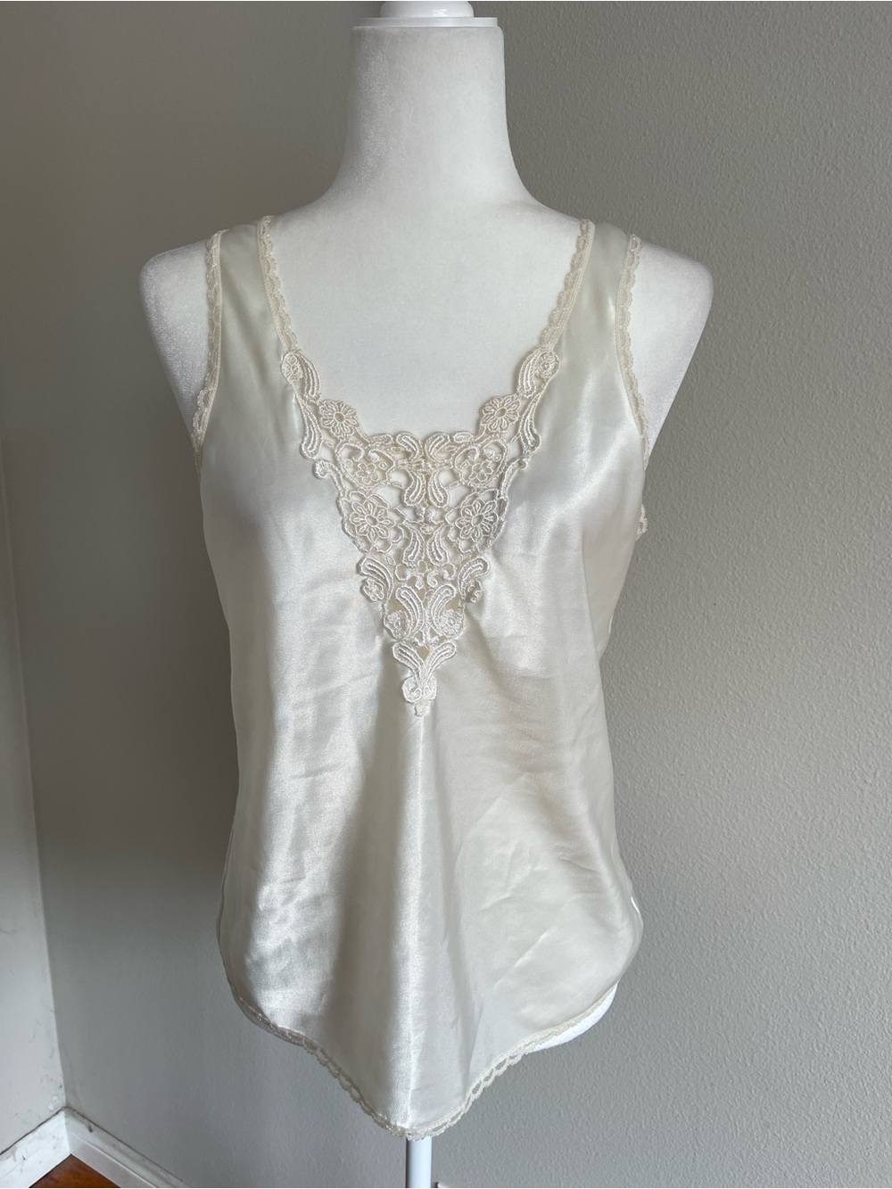 Silk-Look Cream Lace Trim V-Neck Cami Top